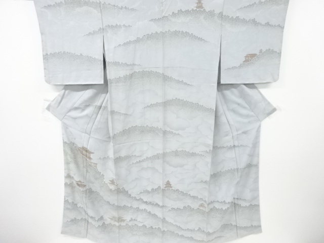 JAPANESE KIMONO / VINTAGE UNUSED HOMONGI / SILK / SCENERY OF TEMPLES PATTERN / SINGEL CREST